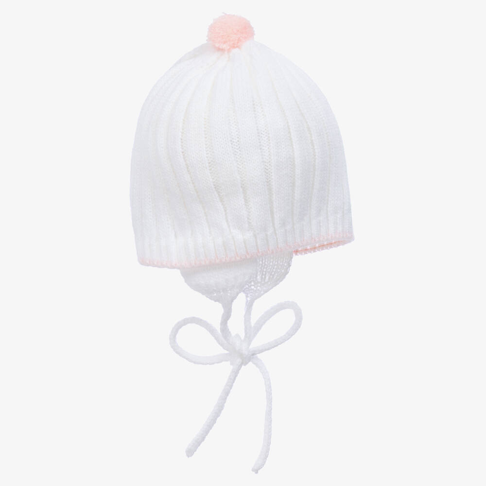 Mebi-Baby Girls White & Pink Knitted Pom-Pom Hat | Childrensalon Outlet