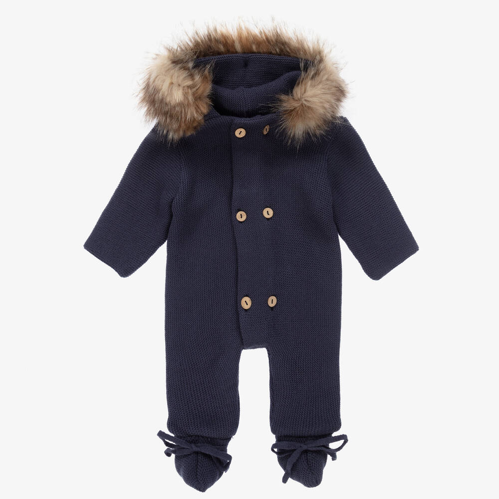 Mebi - Baby Navy Blue Knit Pramsuit | Childrensalon