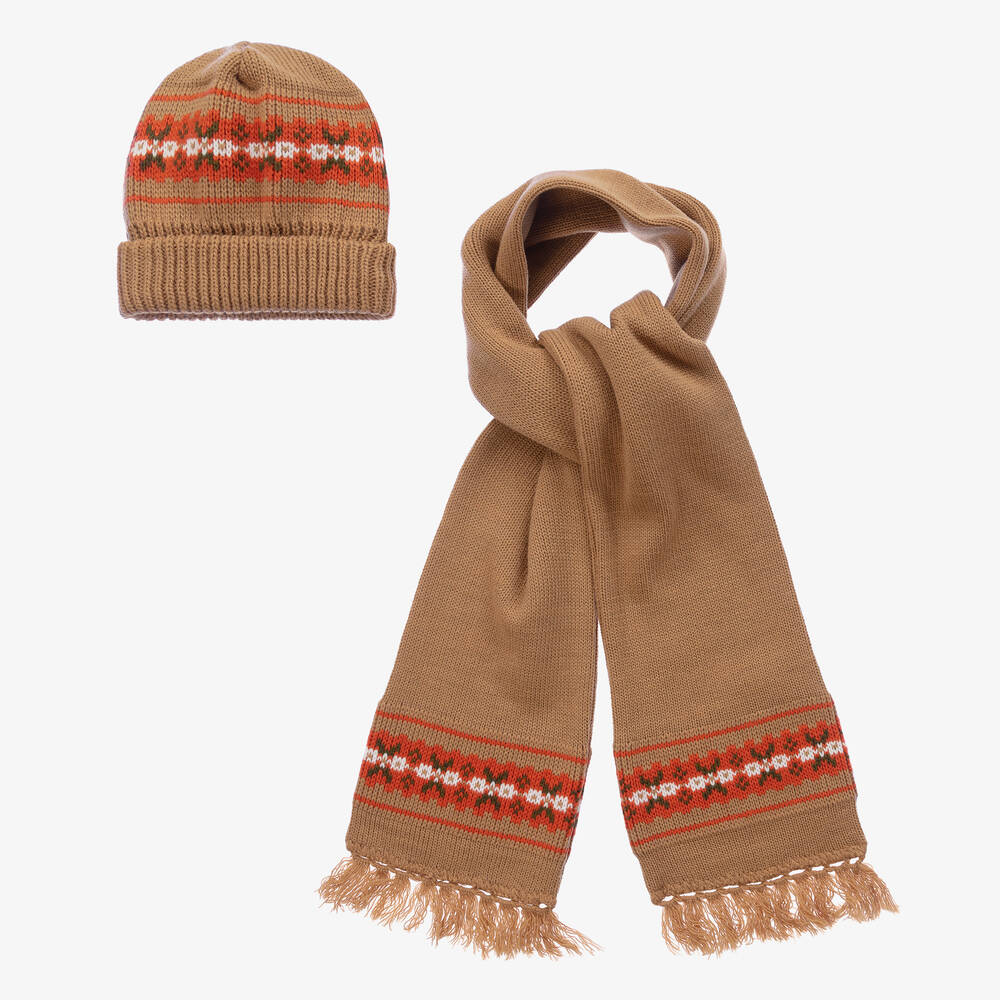 Mebi - Beige Knitted Hat & Scarf Set | Childrensalon