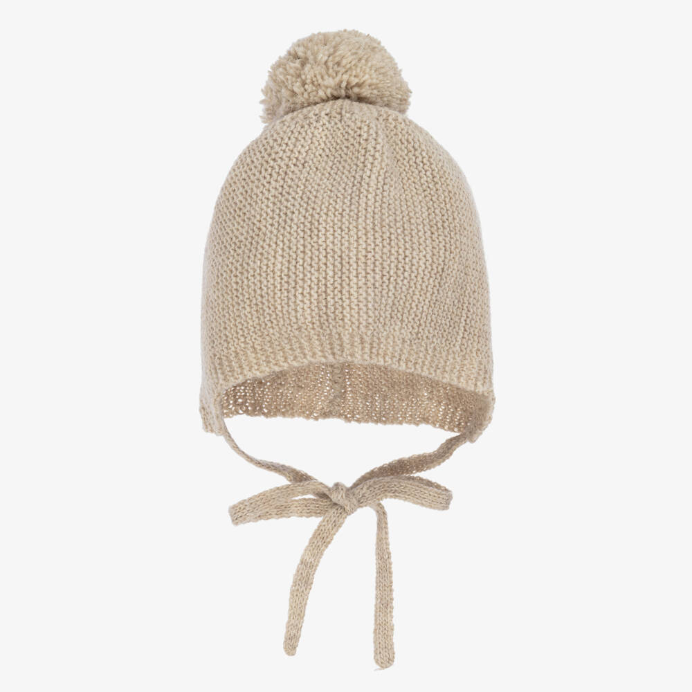 Mebi-Beige Knitted Pom-Pom Hat | Childrensalon Outlet