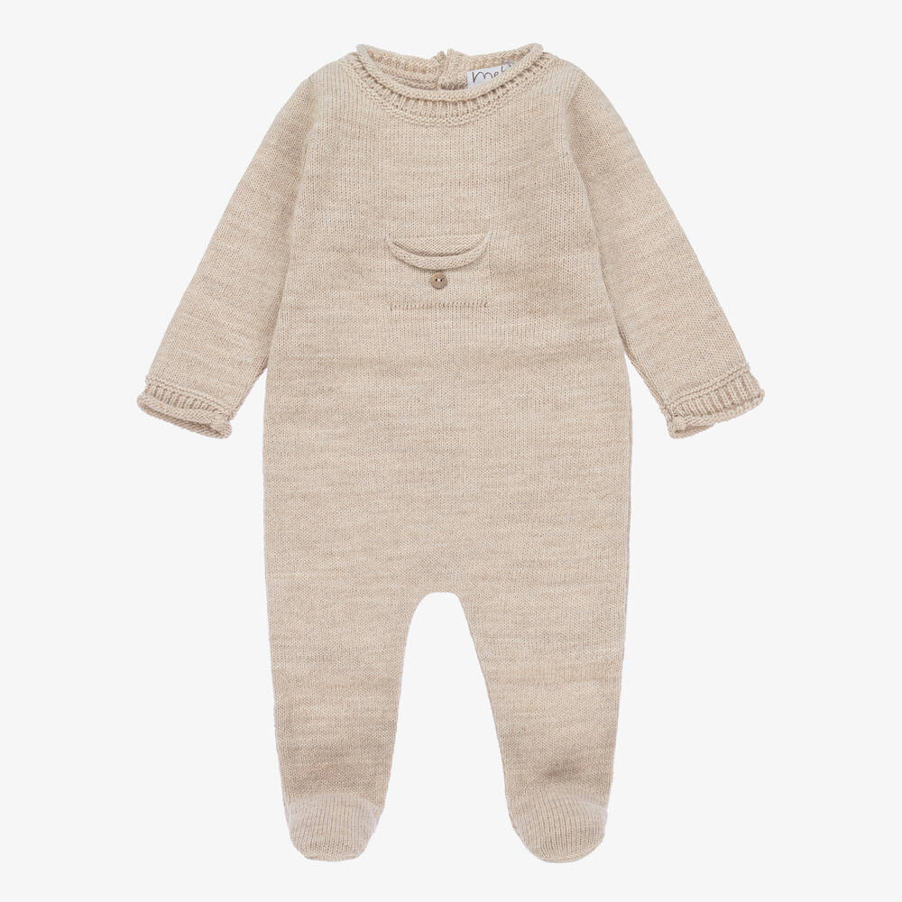 Mebi - Beige Knitted Wool Pocket Babygrow | Childrensalon