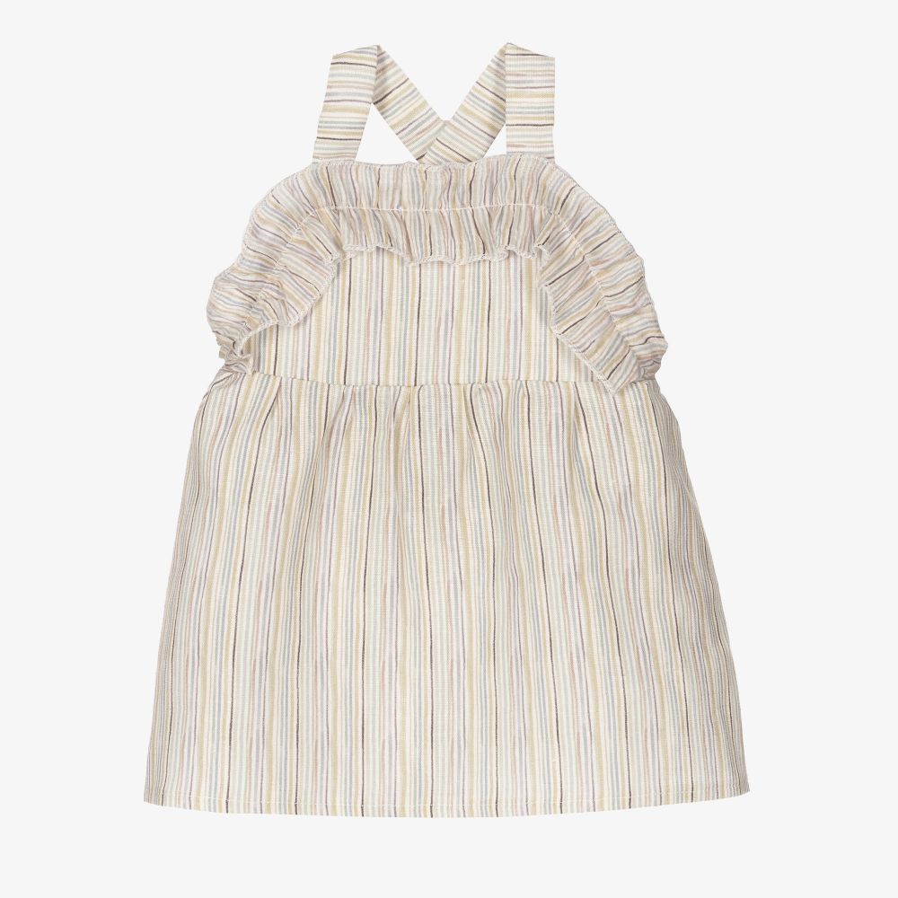 Mebi - Beige Linen Pinafore Dress  | Childrensalon