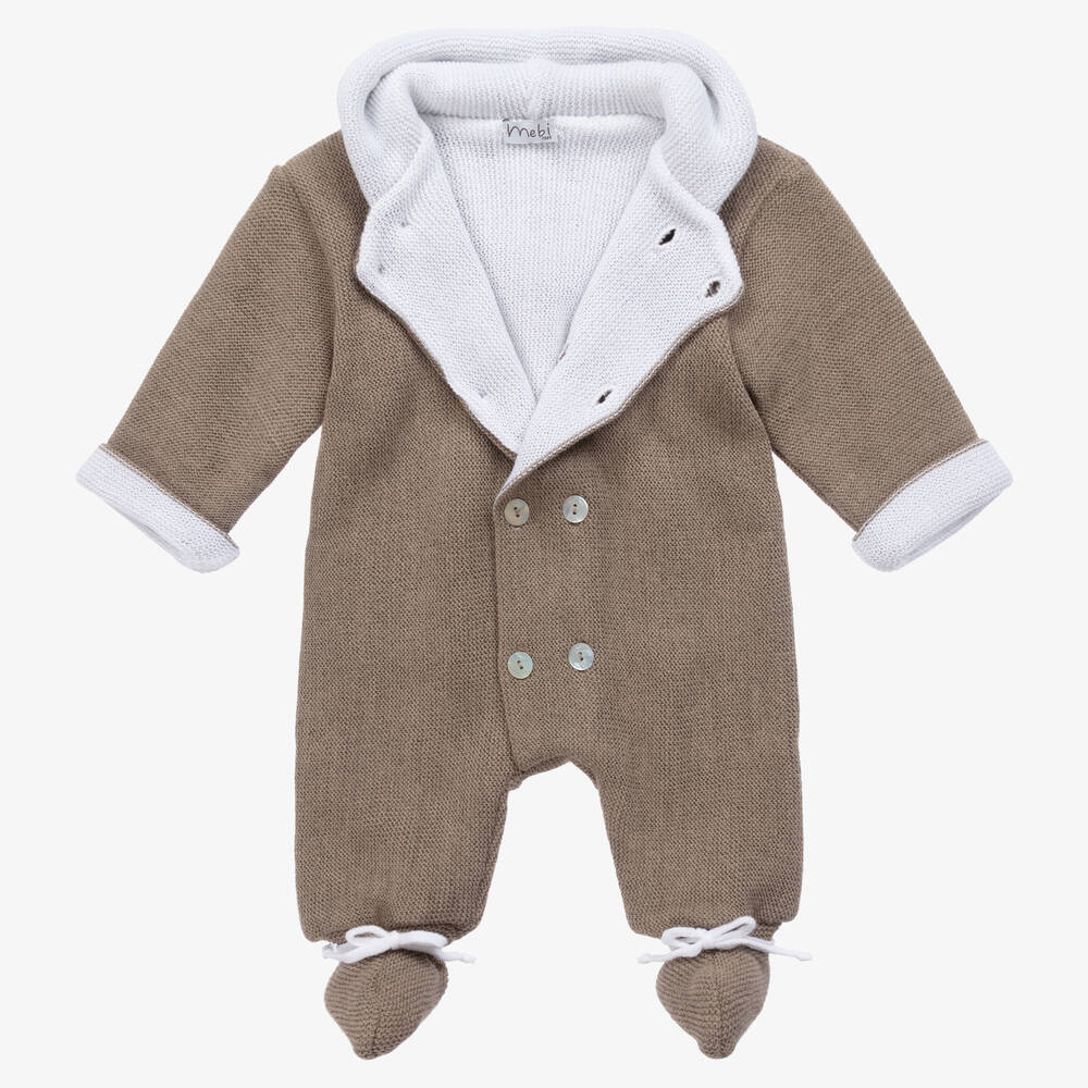 Mebi-Beige & White Knitted Baby Pramsuit | Childrensalon Outlet