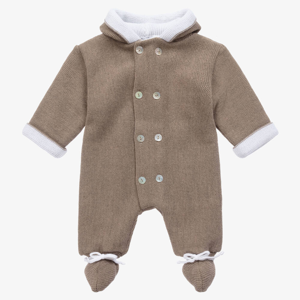 Mebi - Beige & White Knitted Baby Pramsuit | Childrensalon