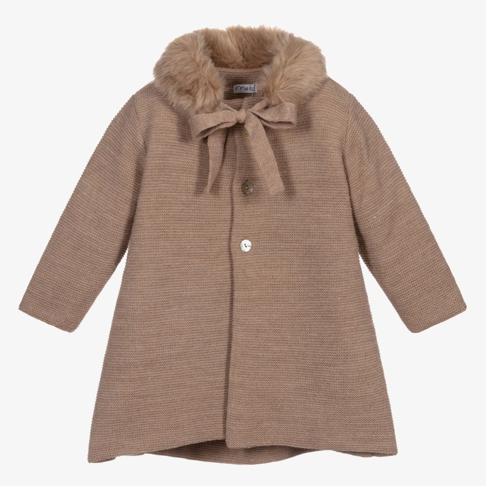 Mebi - Beige Wool Blend Knitted Coat | Childrensalon