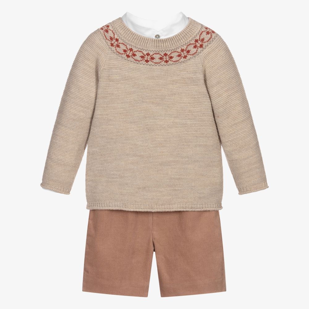 Mebi-طقم شورت 3 قطع مزيج صوف لون بيج للأولاد | Childrensalon Outlet