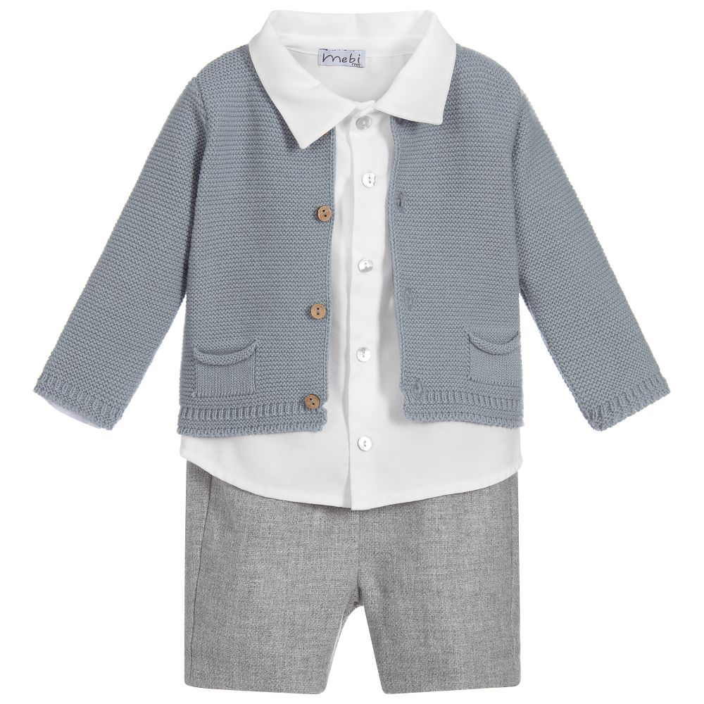 Mebi-طقم شورت 3 قطع لون رمادي، أزرق وأبيض | Childrensalon Outlet