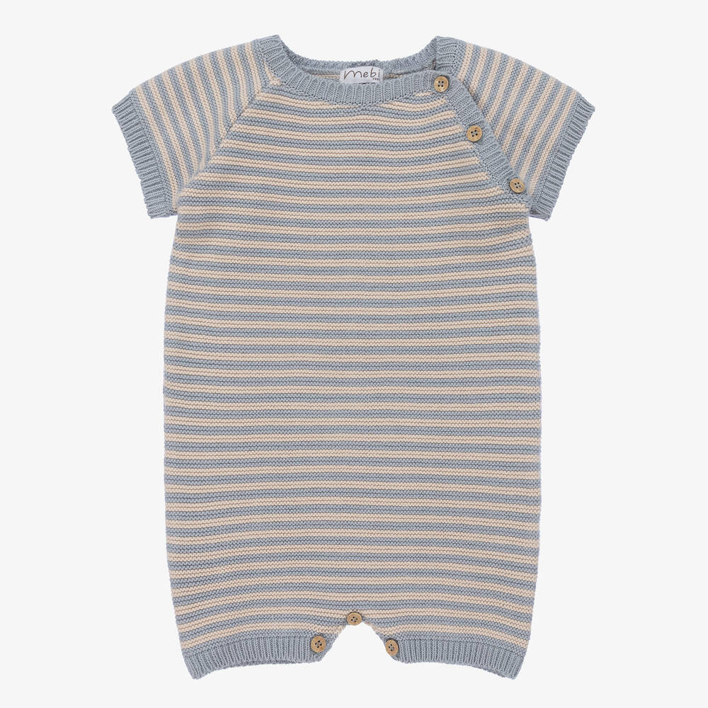 Mebi - Barboteuse bleue et beige en coton | Childrensalon