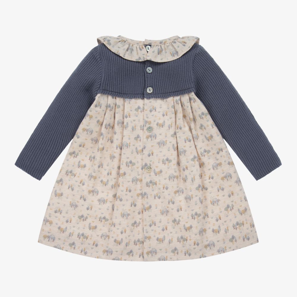 Mebi-Blue & Beige Floral Dress | Childrensalon Outlet