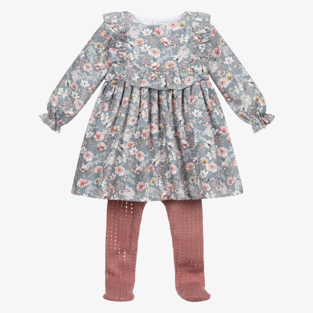 Mebi-Blue Floral Cotton Dress Set | Childrensalon Outlet