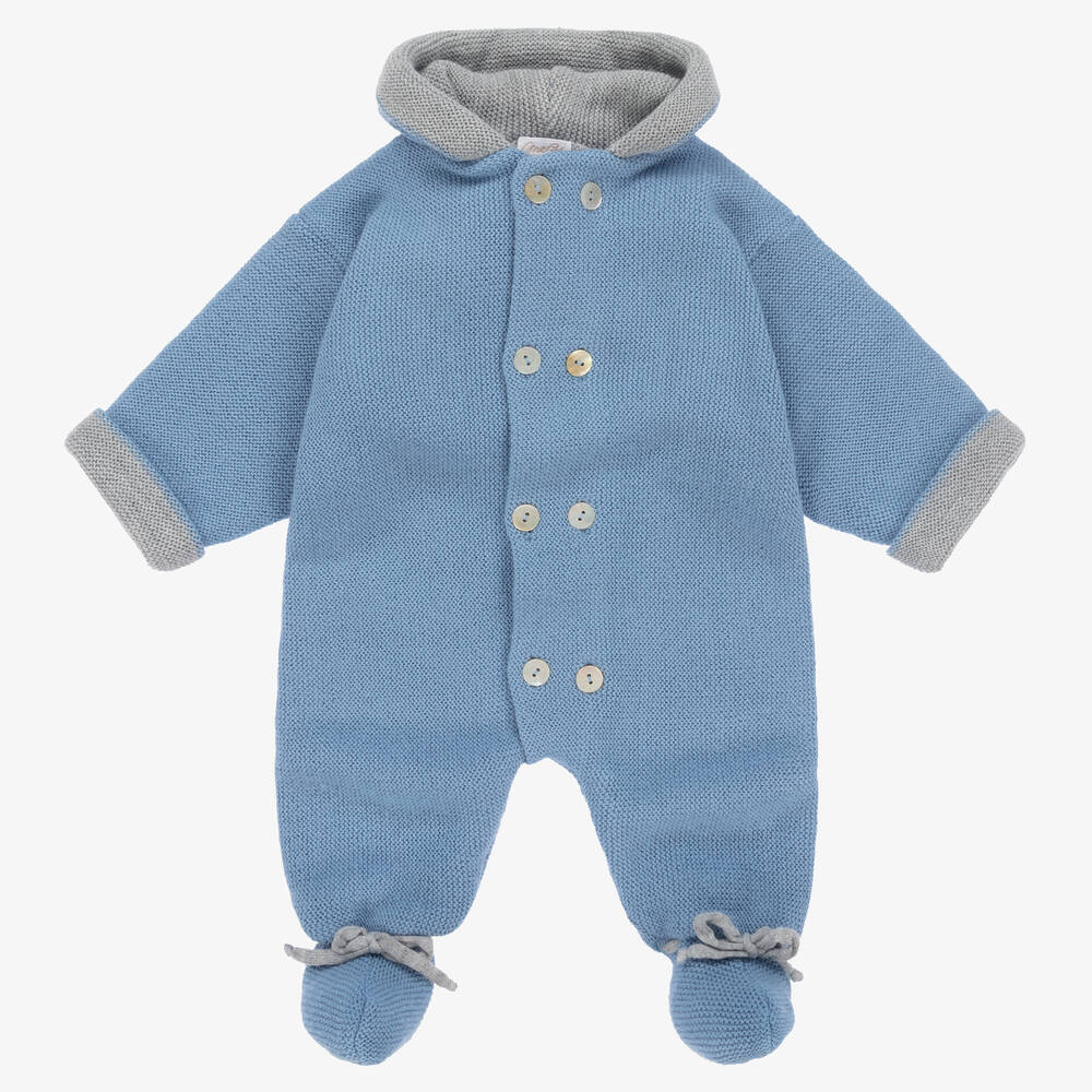 Mebi - Blue & Grey Knitted Baby Pramsuit | Childrensalon