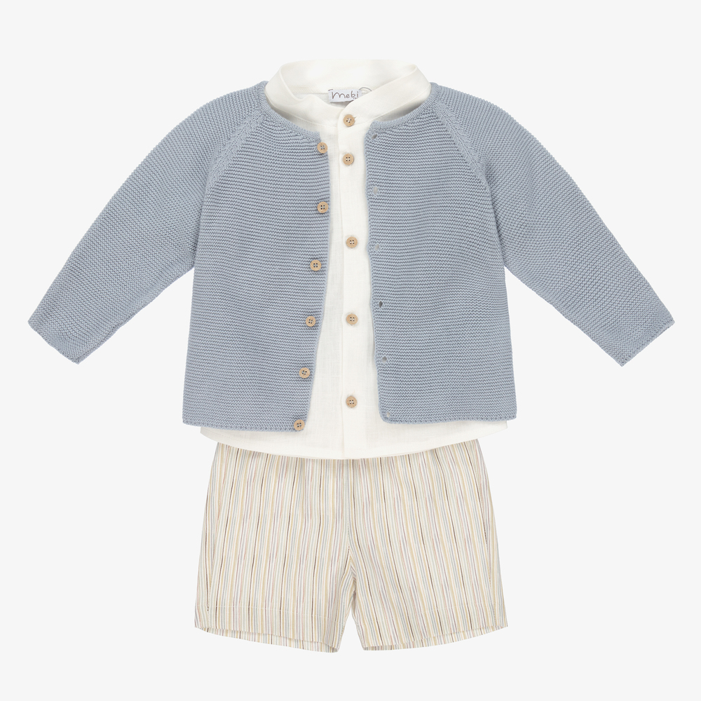 Mebi-طقم شورت مزيج قطن وكتان لون أزرق وعاجي للأولاد | Childrensalon Outlet