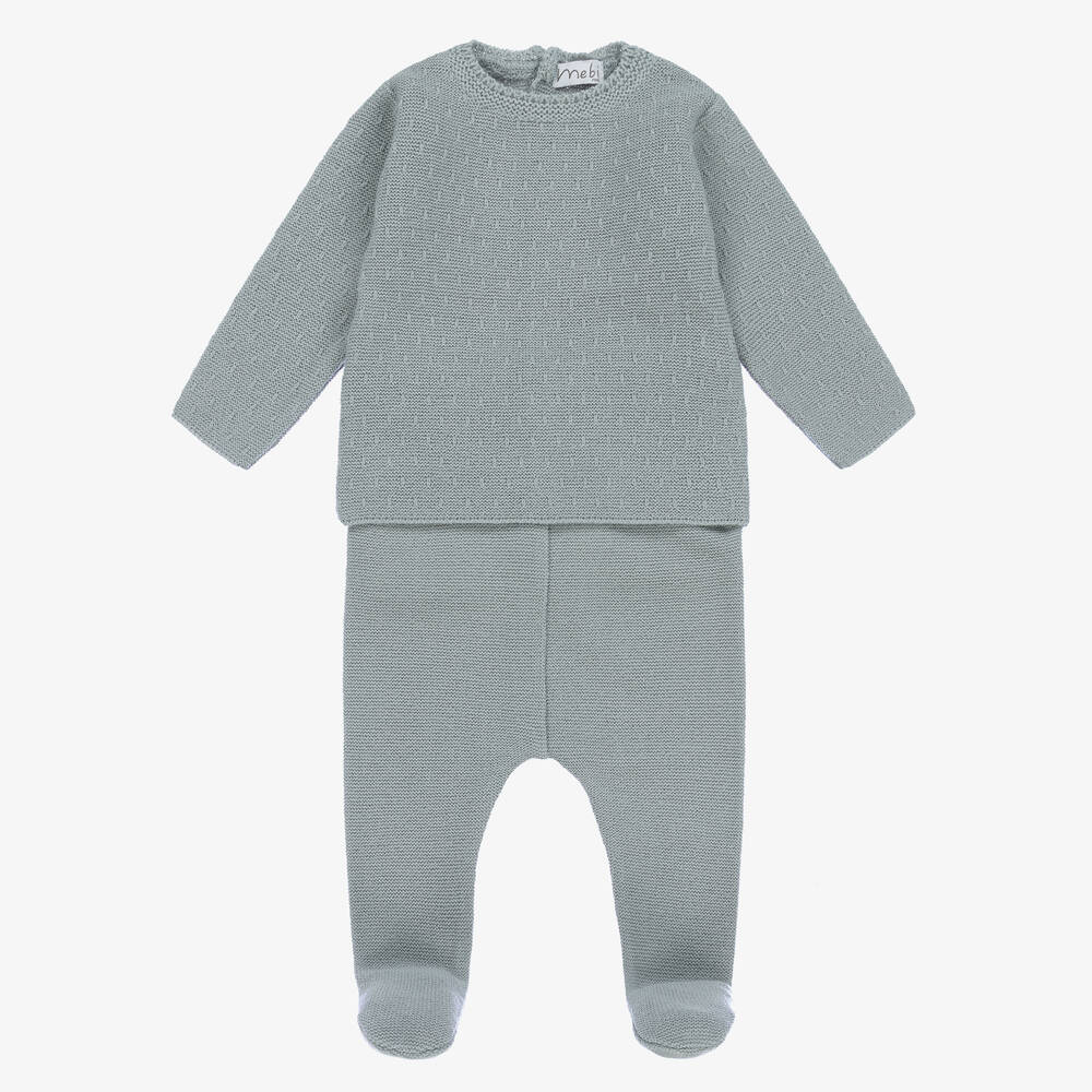 Mebi - Blue Knitted Cotton 2 Piece Babygrow | Childrensalon