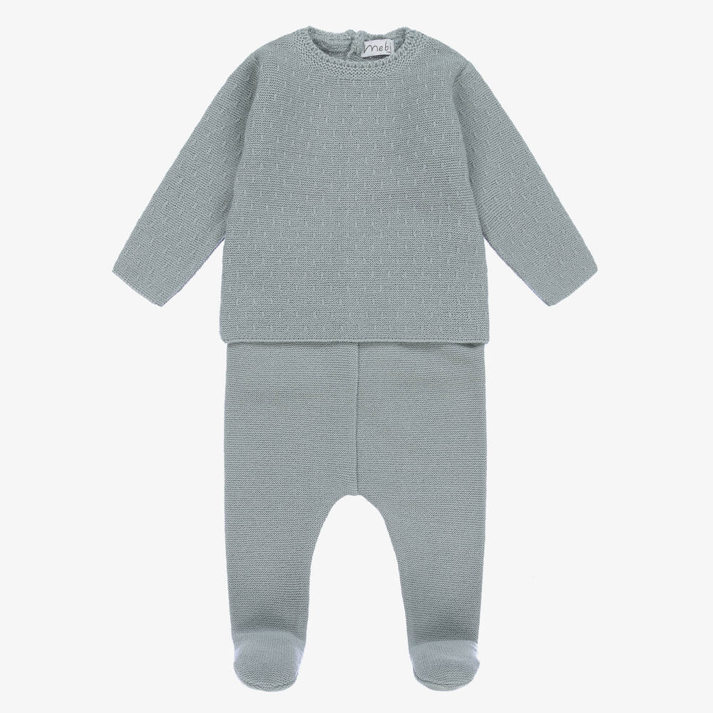 Mebi-Blue Knitted Cotton 2 Piece Babygrow | Childrensalon Outlet