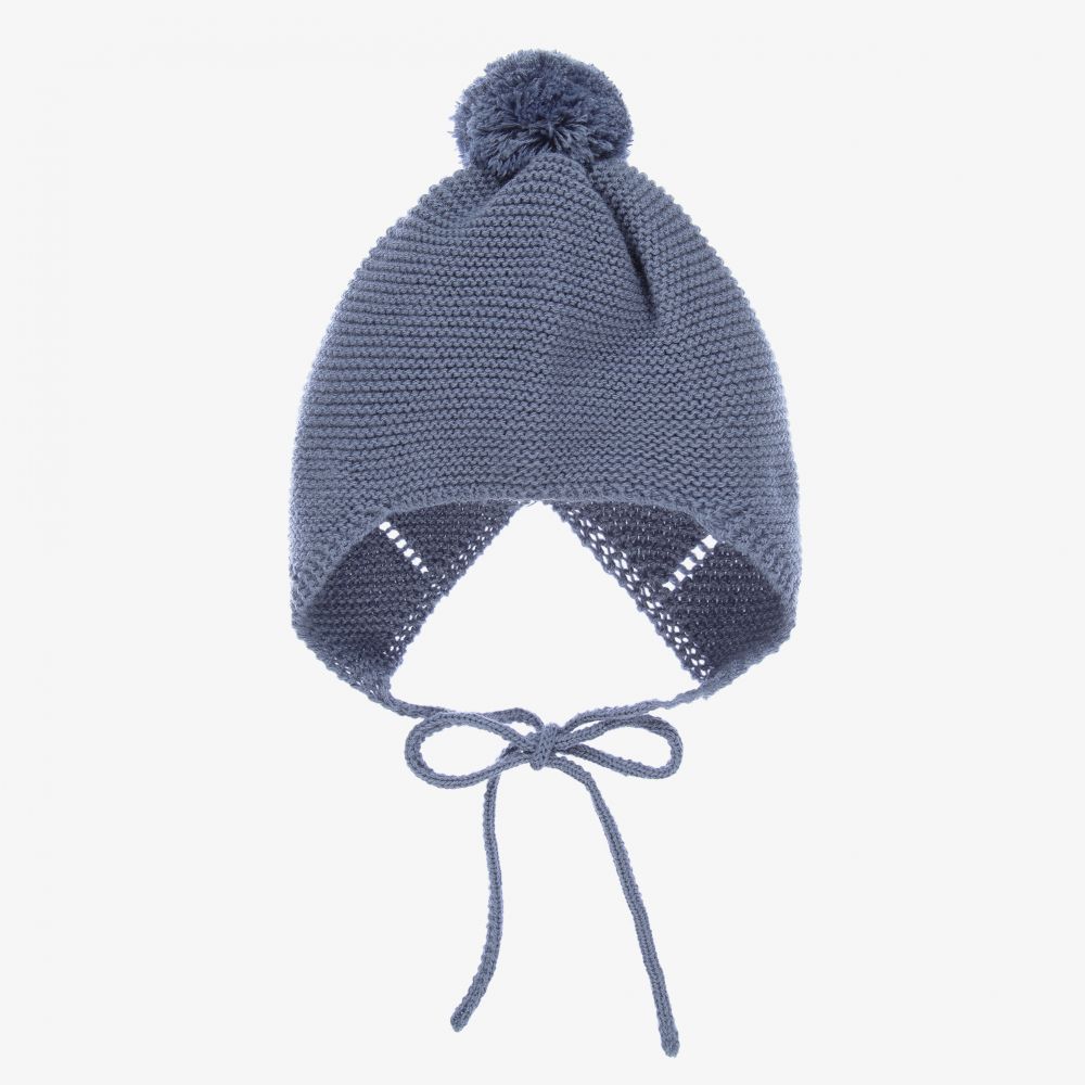 Mebi-Blue Knitted Pom-Pom Bonnet  | Childrensalon Outlet
