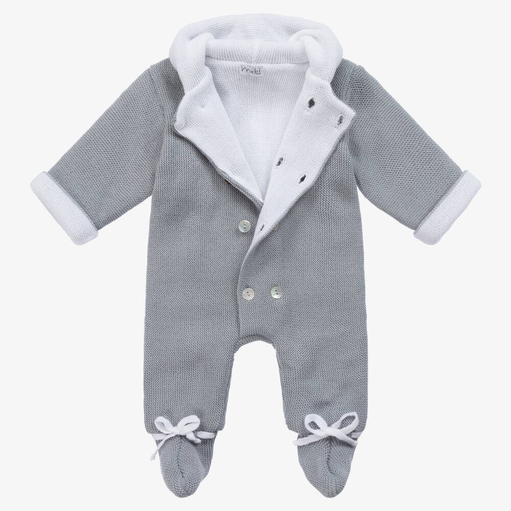 Mebi-Blue & White Knitted Baby Pramsuit | Childrensalon Outlet