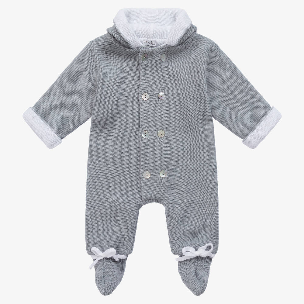 Mebi - Blue & White Knitted Baby Pramsuit | Childrensalon
