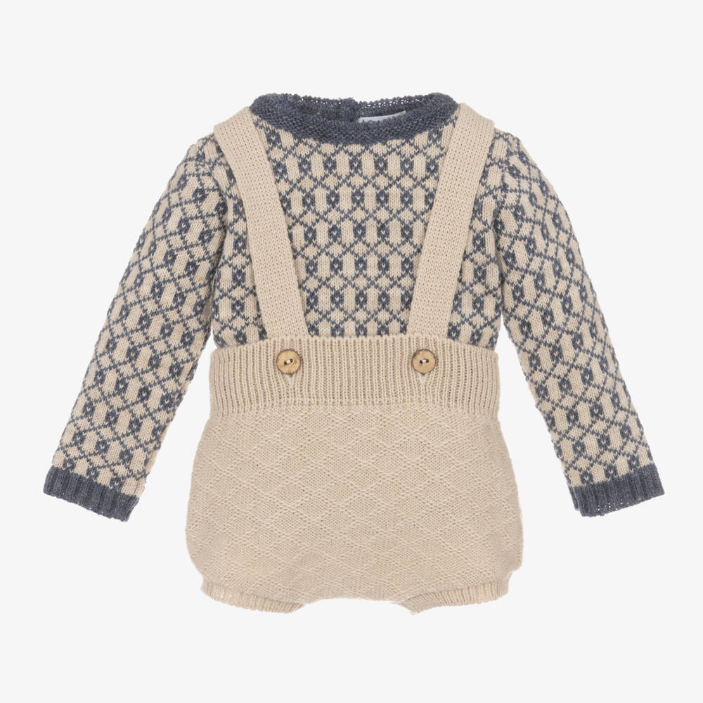Mebi-Boys Beige & Blue Knit Shorts Set | Childrensalon Outlet