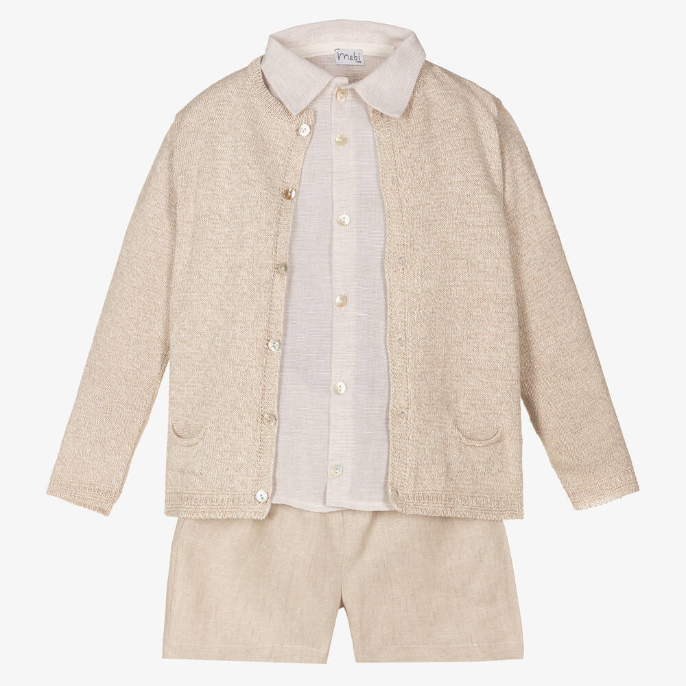 Mebi - Boys Beige Cotton & Linen Shorts Set | Childrensalon