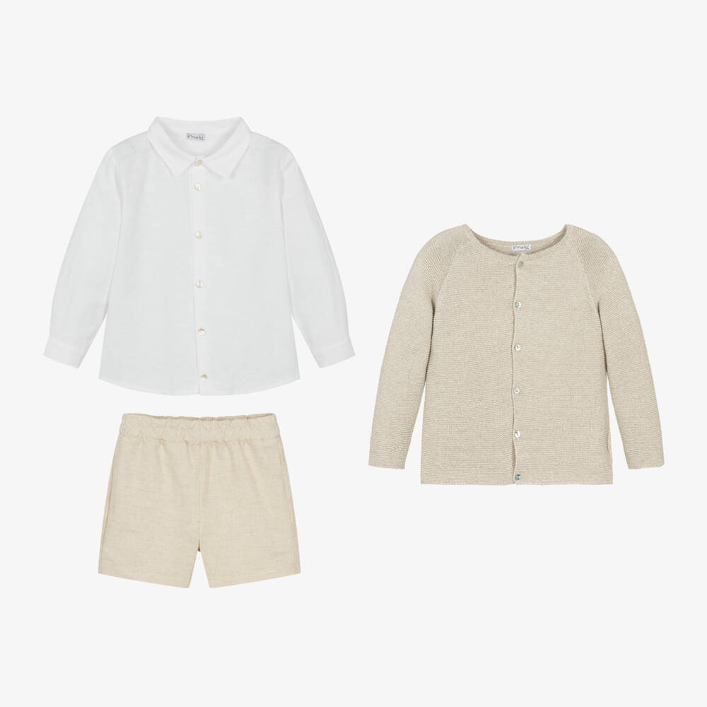 Mebi-Boys Beige Cotton & Linen Shorts Set | Childrensalon Outlet