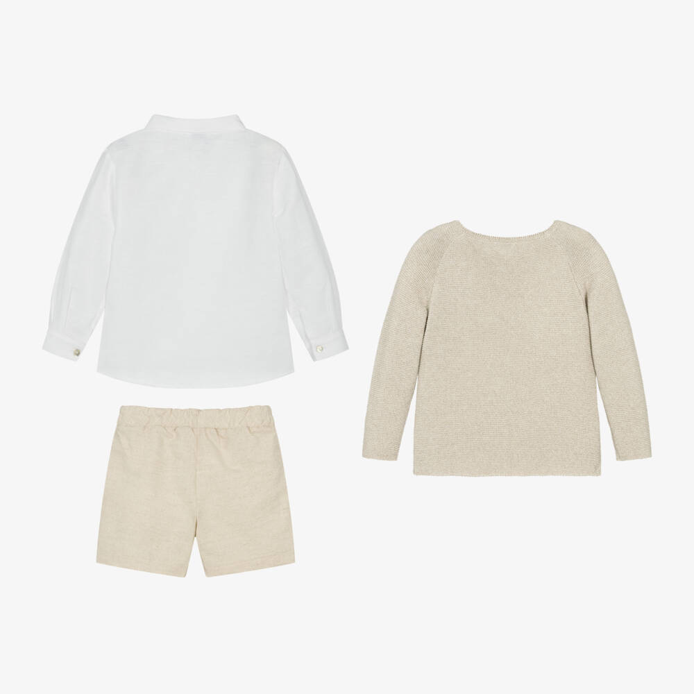 Mebi-Boys Beige Cotton & Linen Shorts Set | Childrensalon Outlet