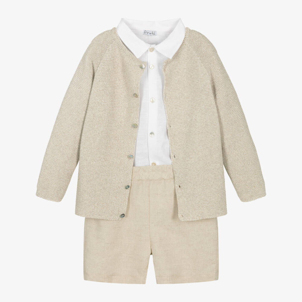 Mebi-Boys Beige Cotton & Linen Shorts Set | Childrensalon Outlet