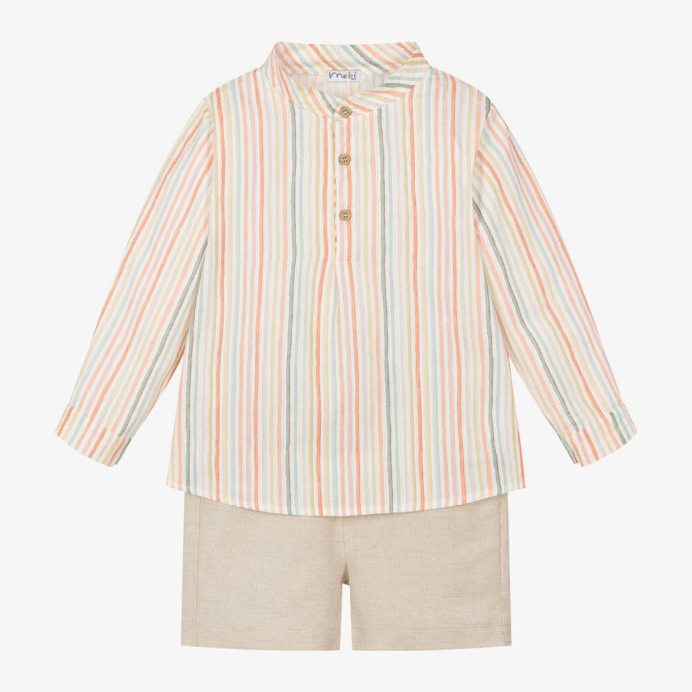 Mebi-Boys Beige Cotton & Linen Shorts Set | Childrensalon Outlet