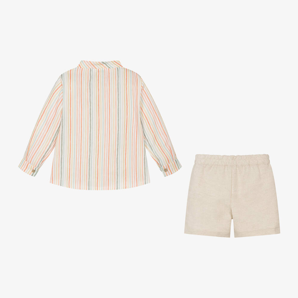 Mebi-Boys Beige Cotton & Linen Shorts Set | Childrensalon Outlet