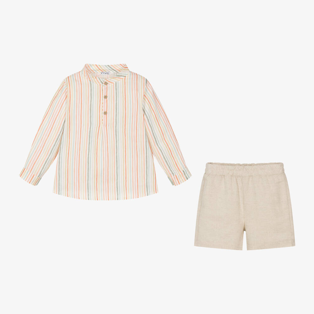 Mebi-Boys Beige Cotton & Linen Shorts Set | Childrensalon Outlet