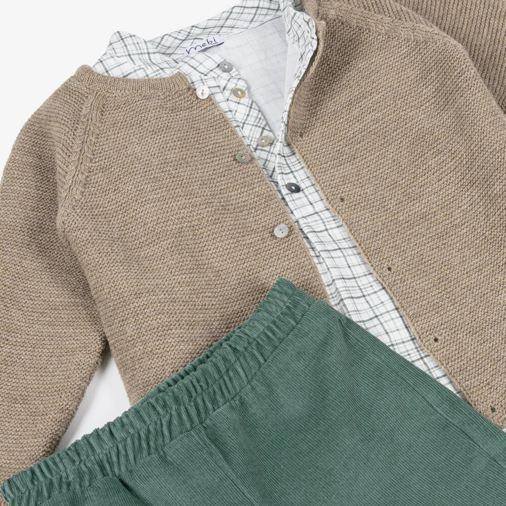 Mebi-Boys Beige & Green Corduroy Shorts Set | Childrensalon Outlet