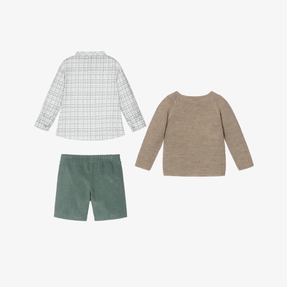 Mebi-Boys Beige & Green Corduroy Shorts Set | Childrensalon Outlet