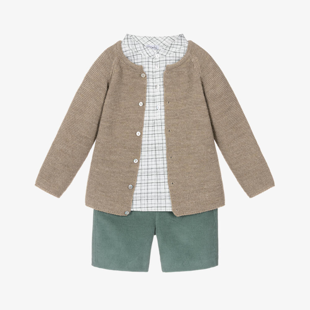 Mebi-Boys Beige & Green Corduroy Shorts Set | Childrensalon Outlet