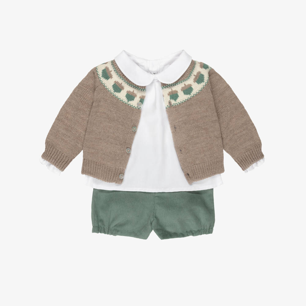 Mebi-Boys Beige & Green Fair Isle Shorts Set | Childrensalon Outlet