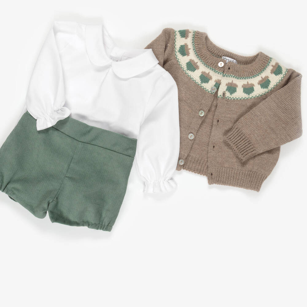 Mebi-Boys Beige & Green Fair Isle Shorts Set | Childrensalon Outlet