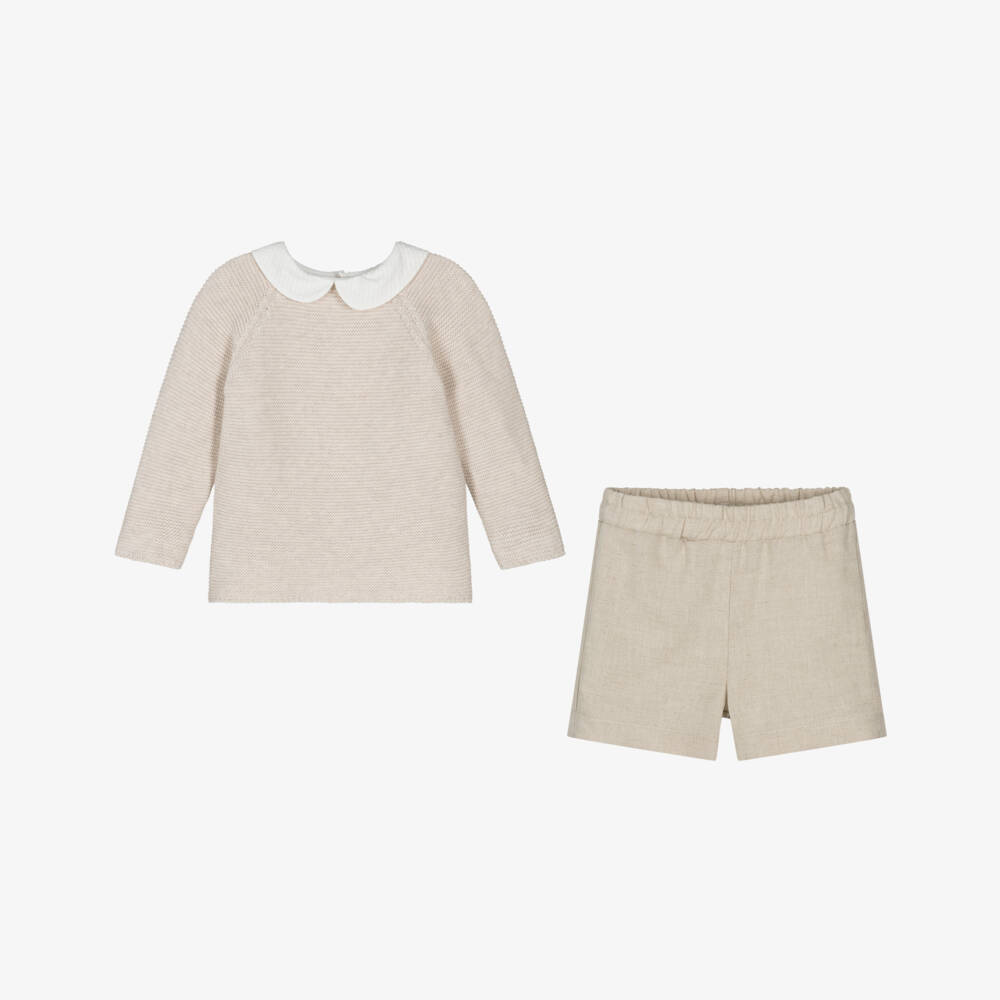 Mebi-Boys Beige Knit & Linen Set | Childrensalon Outlet