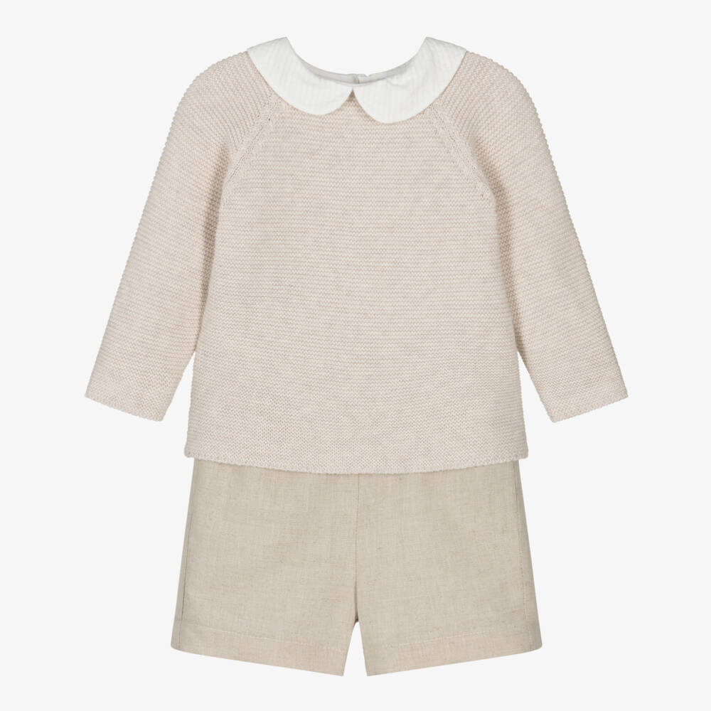 Mebi-Бежевый вязаный и льняной комплект для мальчиков | Childrensalon Outlet