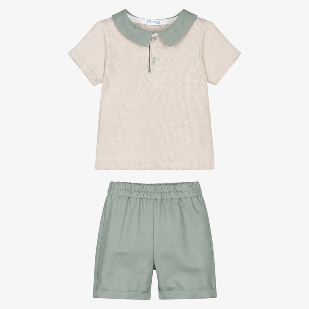 Mebi-Boys Beige Knitted Top & Green Shorts Set | Childrensalon Outlet