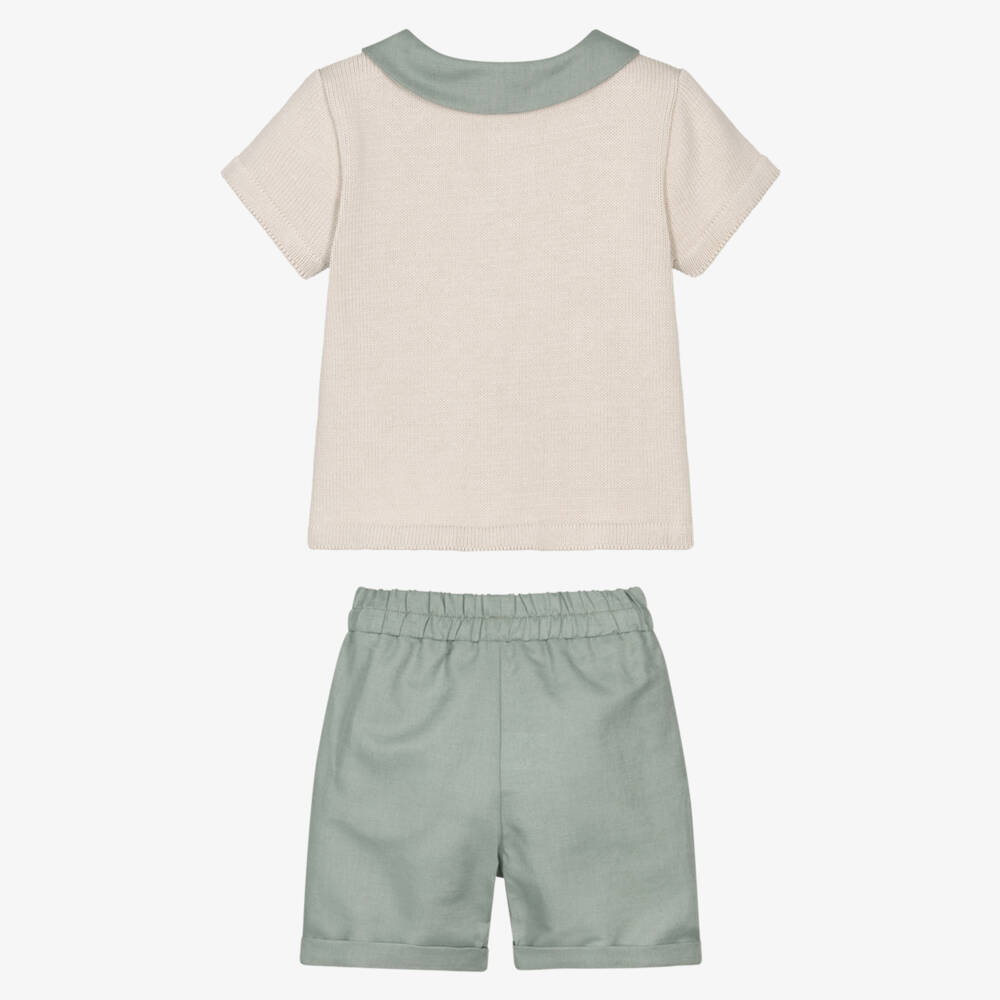 Mebi-Boys Beige Knitted Top & Green Shorts Set | Childrensalon Outlet