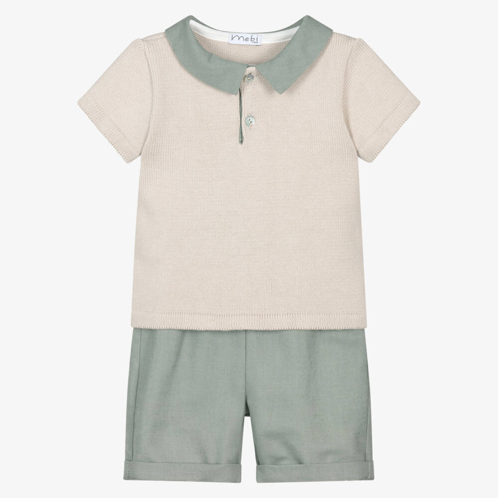 Mebi-Boys Beige Knitted Top & Green Shorts Set | Childrensalon Outlet