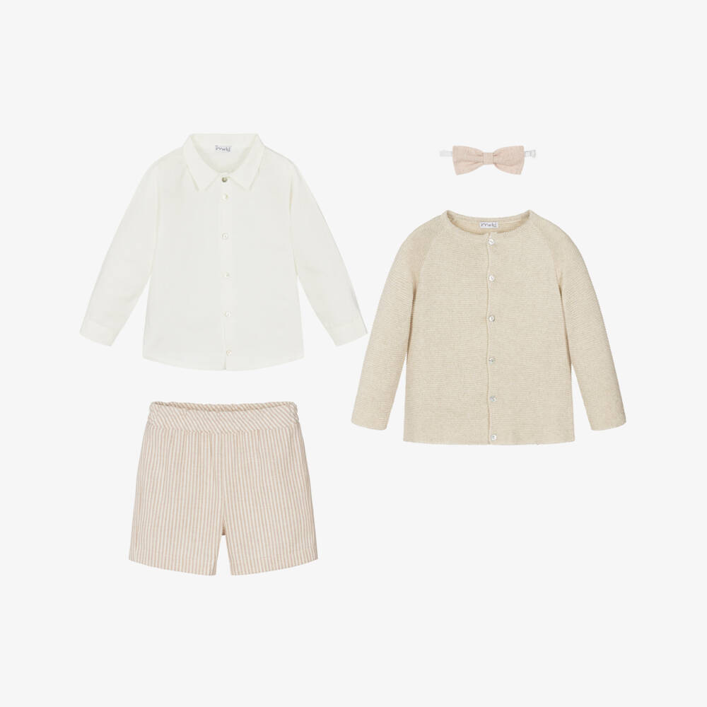 Mebi-Boys Beige Striped Shorts & Cardigan Set with Bow Tie | Childrensalon Outlet