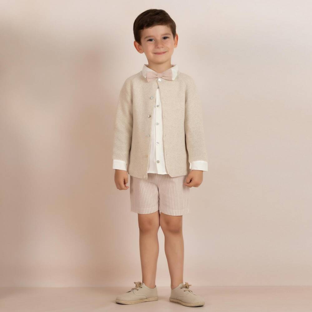 Mebi-Boys Beige Striped Shorts & Cardigan Set with Bow Tie | Childrensalon Outlet