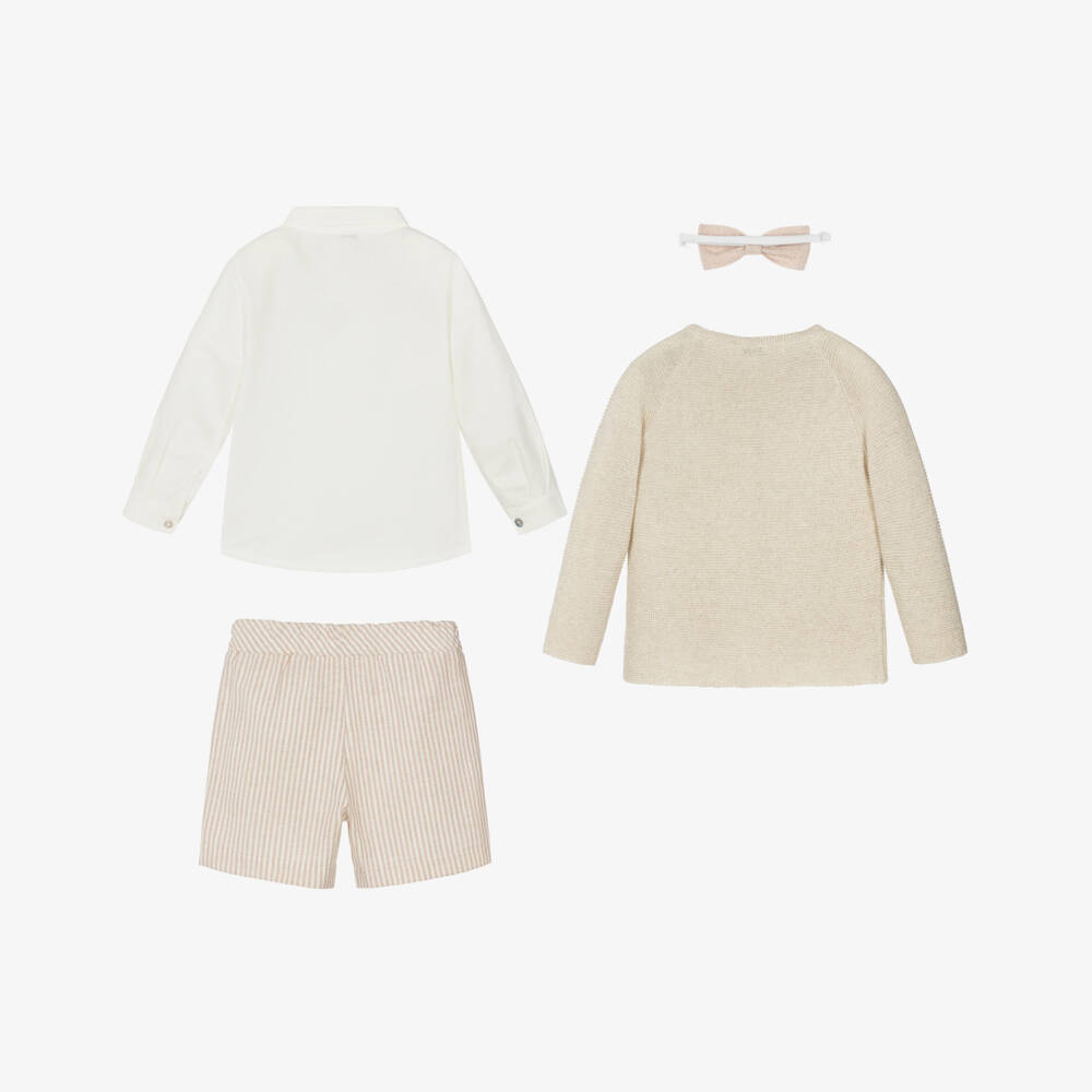 Mebi-Boys Beige Striped Shorts & Cardigan Set with Bow Tie | Childrensalon Outlet