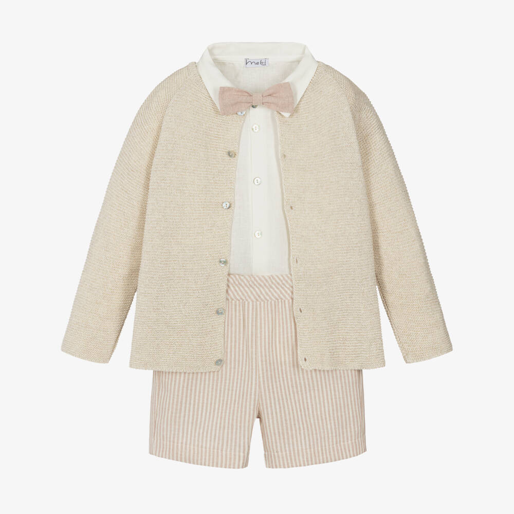 Mebi-Boys Beige Striped Shorts & Cardigan Set with Bow Tie | Childrensalon Outlet