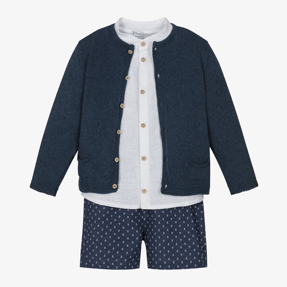 Mebi-Boys Blue Anchor Cotton Shorts Set | Childrensalon Outlet