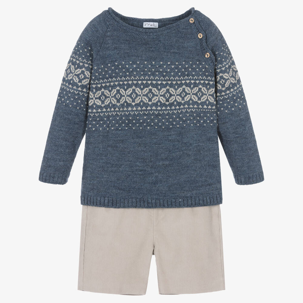 Mebi - Синий свитер и бежевые вельветовые шорты | Childrensalon
