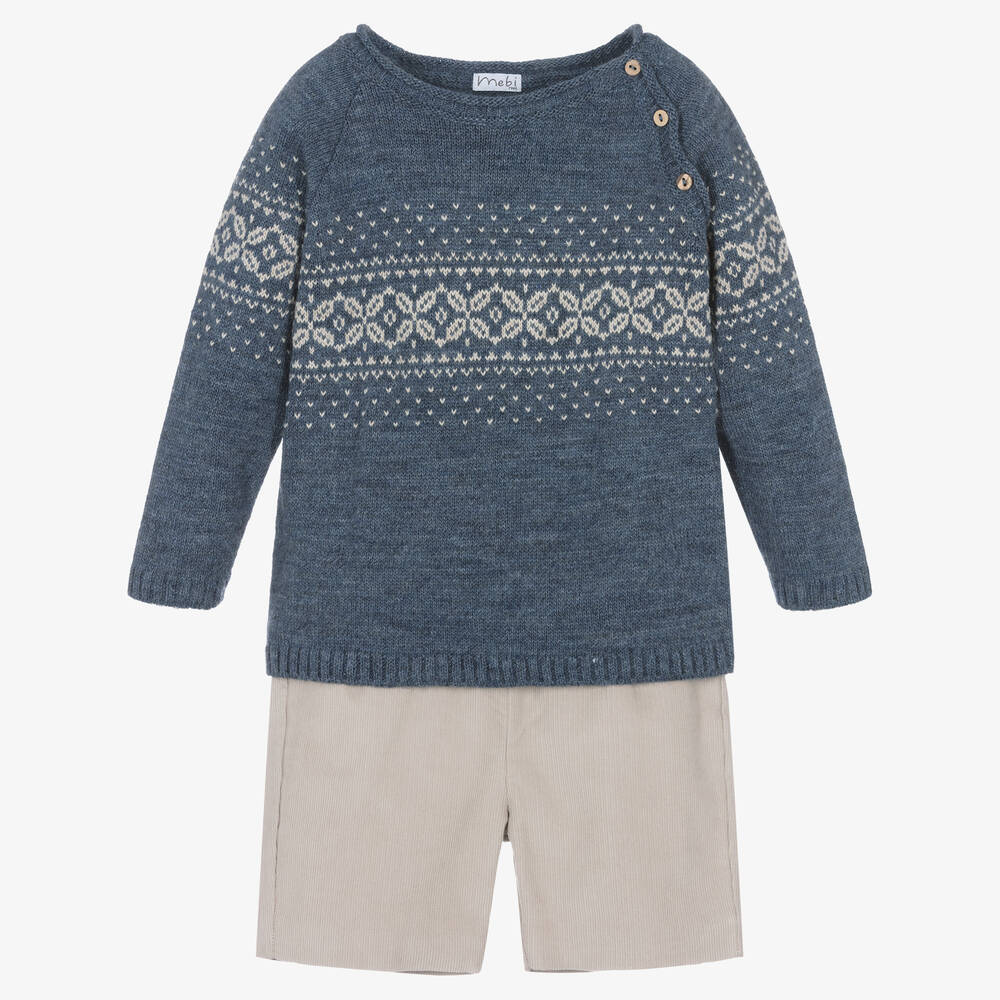 Mebi-Boys Blue & Beige Corduroy Shorts Set | Childrensalon Outlet