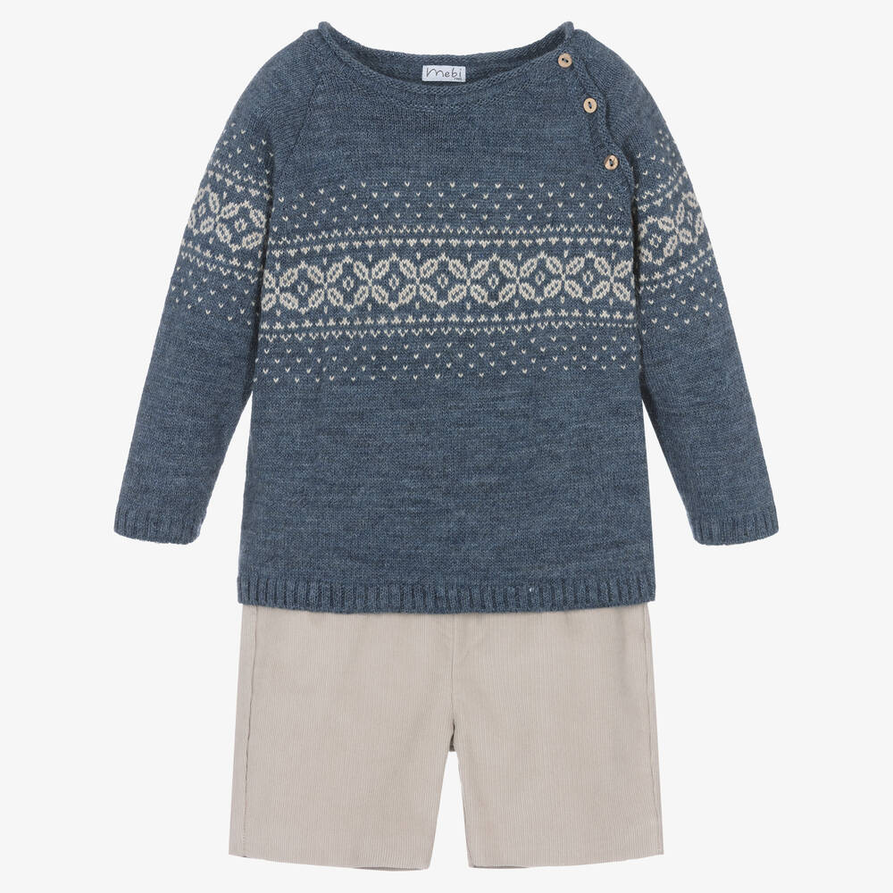 Mebi - Ensemble short bleu et beige garçon | Childrensalon