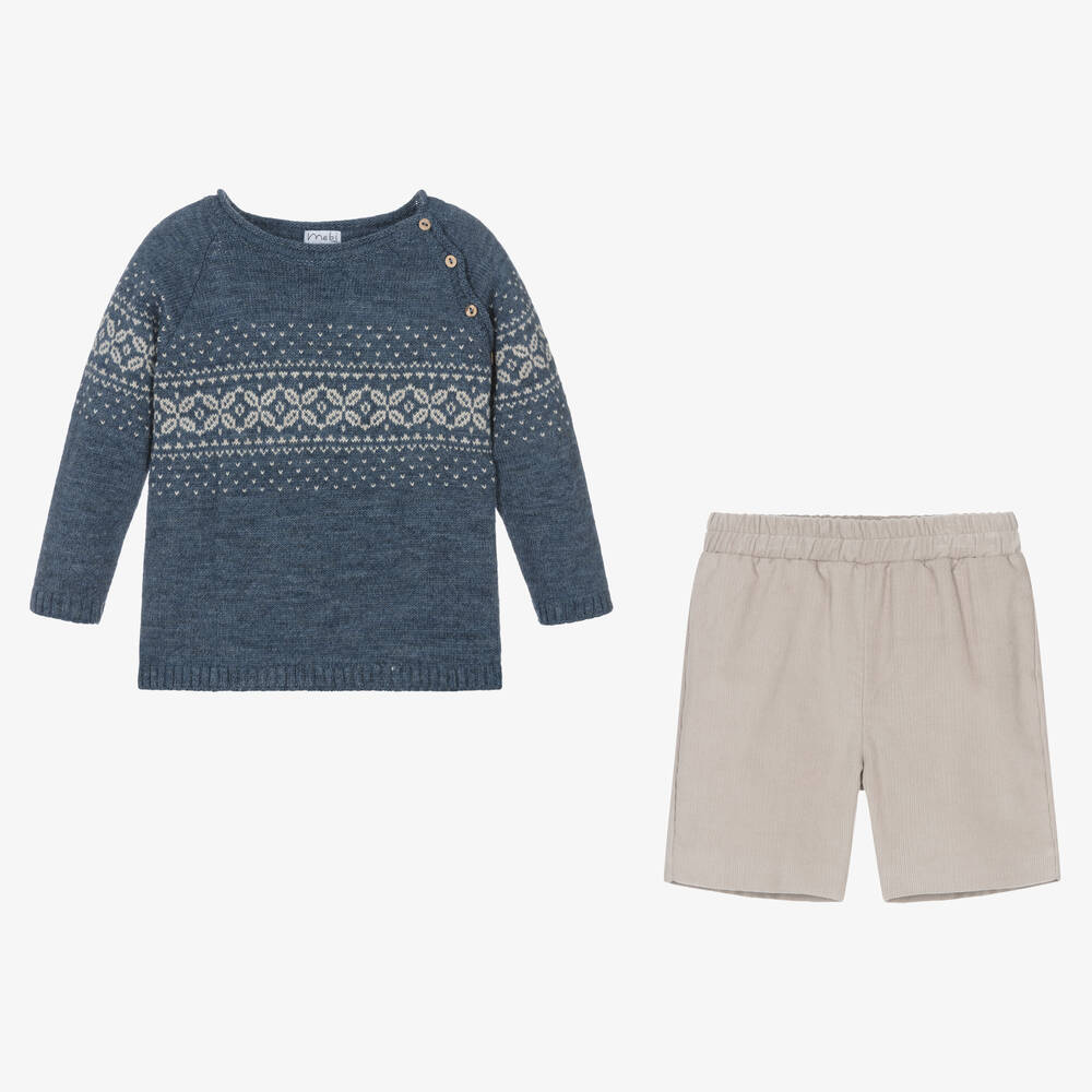 Mebi-Boys Blue & Beige Corduroy Shorts Set | Childrensalon Outlet