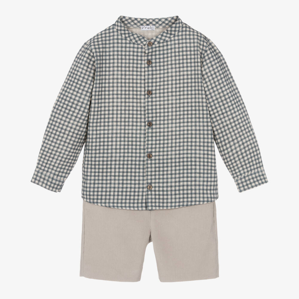 Mebi-Boys Blue Check Shirt & Beige Shorts | Childrensalon Outlet
