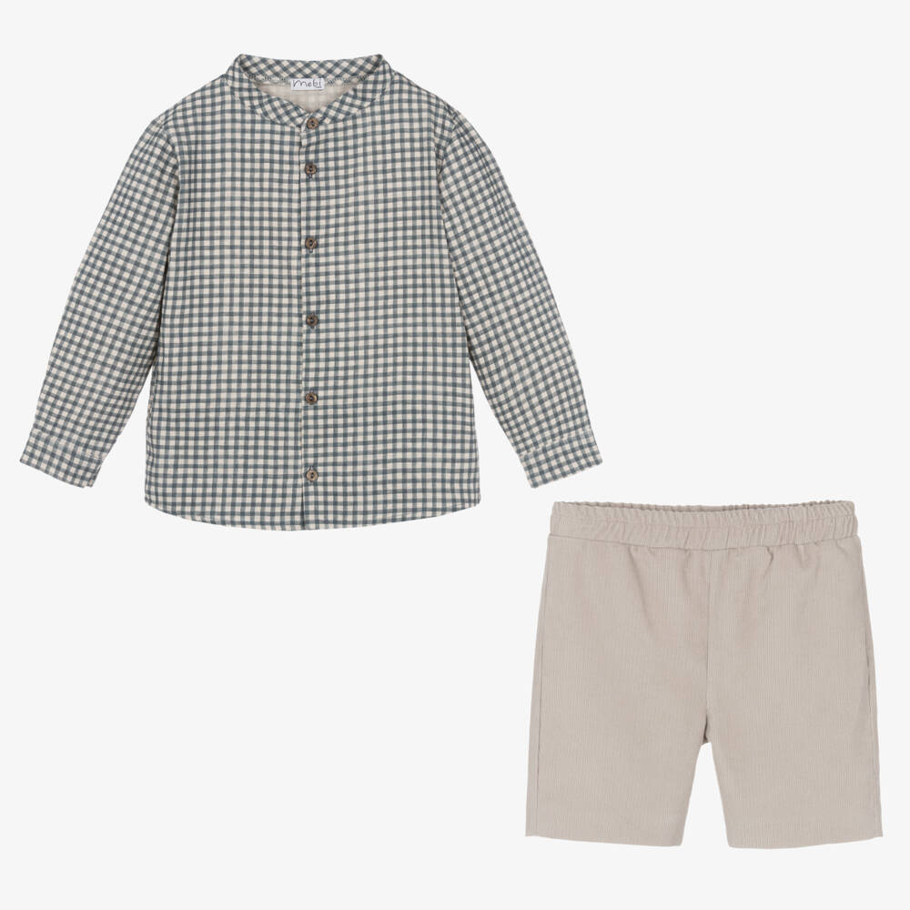 Mebi-Boys Blue Check Shirt & Beige Shorts | Childrensalon Outlet